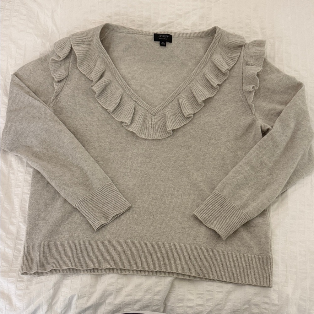 J. Crew Gray Cashmere V-Neck Sweater with Ruffle Detail